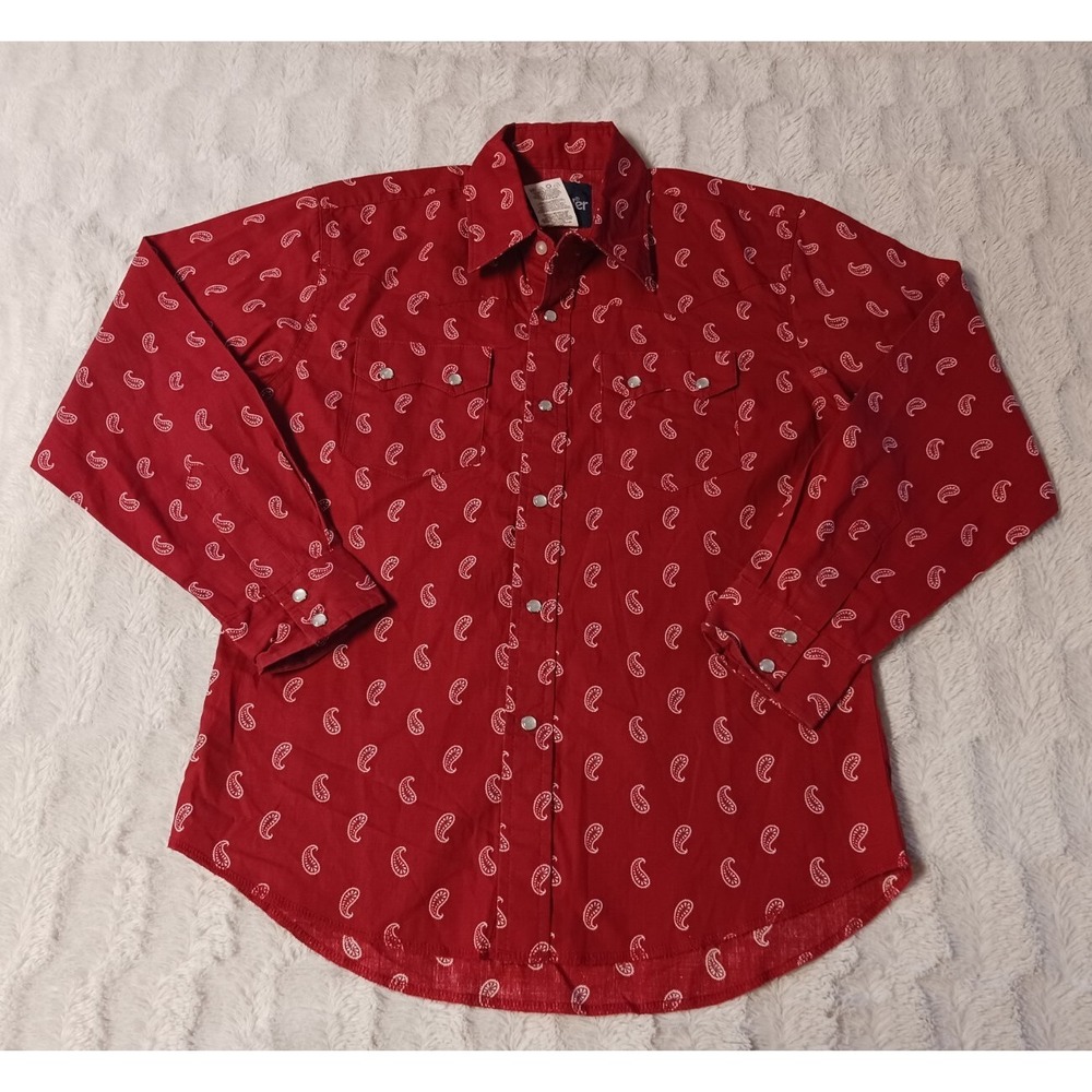 Vintage Wrangler Red Paisley/Bandana Pearl Snap Long Sleeve Youth Boys Sz Large